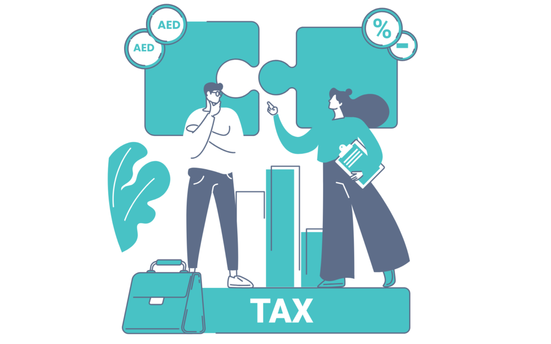 Illustration of professionals discussing corporate tax consultation with puzzle pieces and financial elements for ADS Auditors corporate tax advisory services in the UAE.