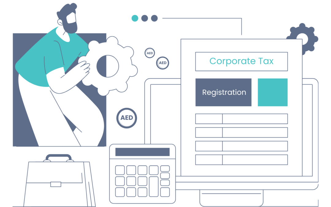 Illustration showing corporate tax registration process with documents, calculator and business elements for ADS Auditors corporate tax registration services in the UAE.