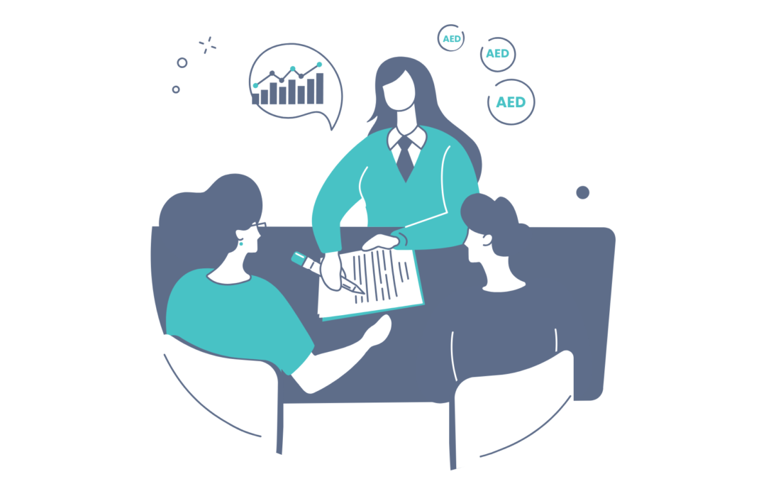 Illustration of professionals discussing documents and financial planning, representing ADS Auditors freezone company formation and business setup services in the Dubai