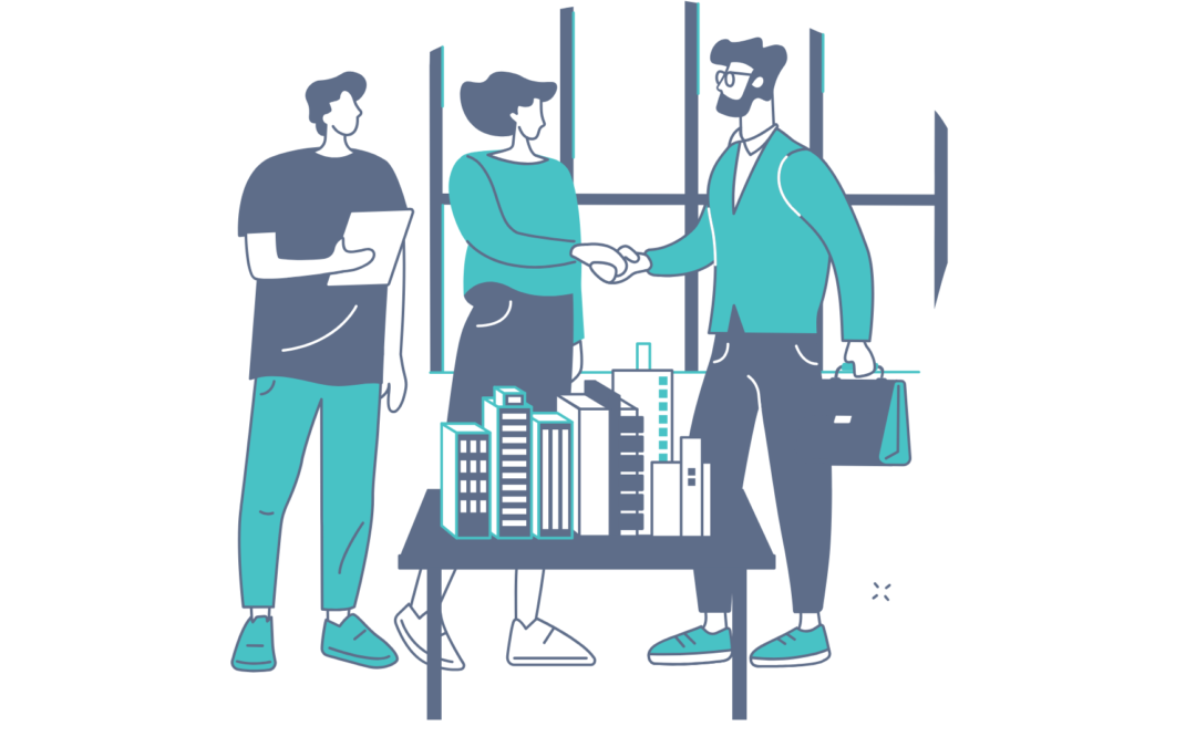 Illustration of professionals shaking hands with business documents and buildings on a table, representing ADS Auditors offshore company formation and international business setup services.